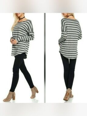 Apple Blossoms NWT Striped Tunic Sweater Black Heather Gray M